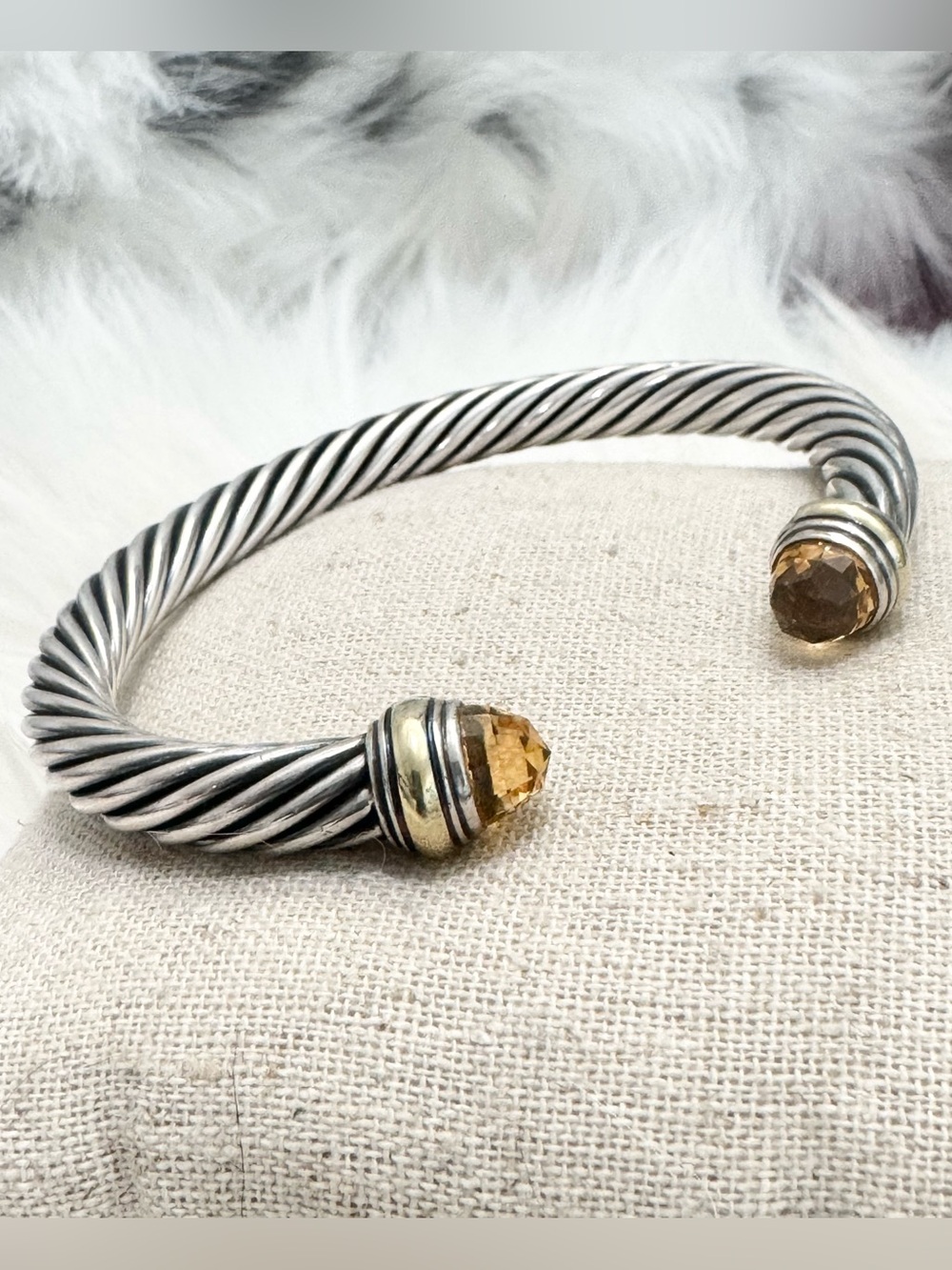 David Yurman 7mm .925 14K Gold Citrine Classic Cable Cuff Bracelet DY